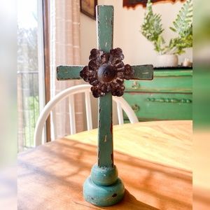 Wooden Turquoise Cross With Metal 9in x 5in